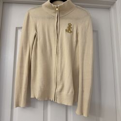 Lauren Ralph Lauren Women’s Zip-Up Sweater Cream M – 100% Cotton, RLR Gold Crest Logo