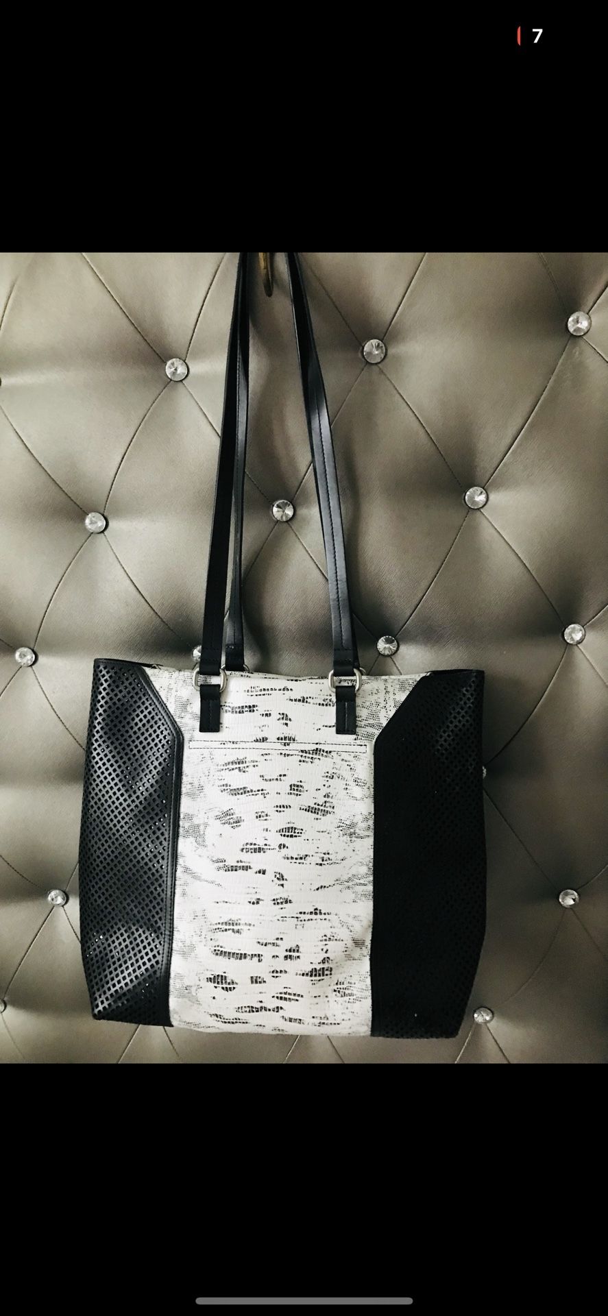 Foley & Corinna Snake Print Black/ White Leather Shoulder Bag 13”-13”-4”.