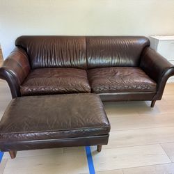 Crate and barrel Brown Leather Sofa with Ottoman