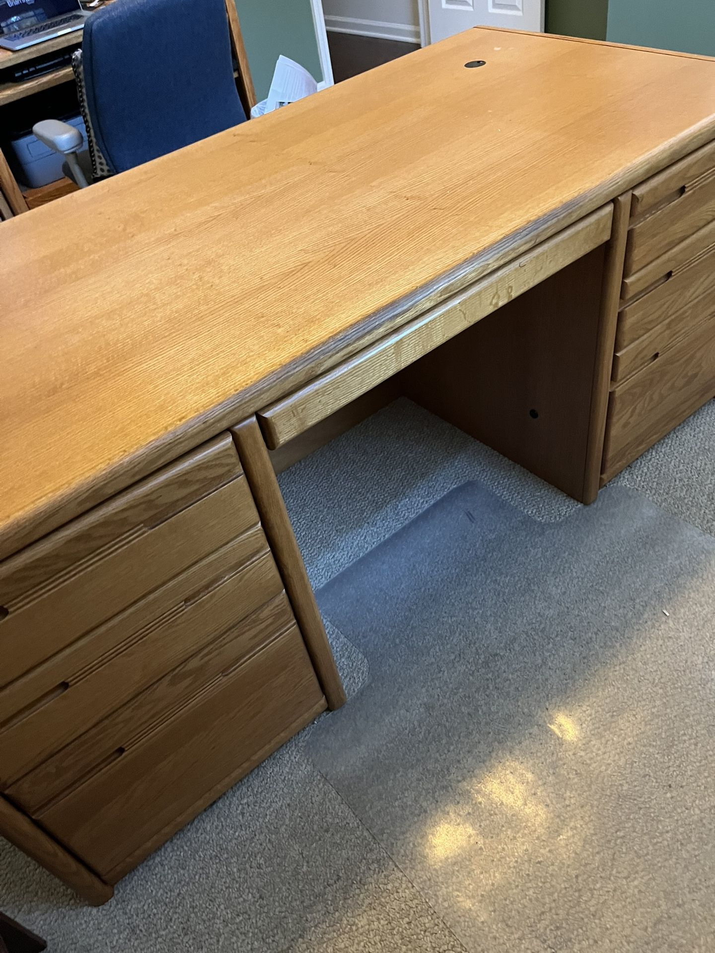 Solid Oak Desk With Multiple Drawers And Chair