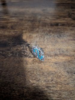 Size 7, Vintage Sterling Silver Filigree Marquise Shape Turquoise Inlay Bypass Ring