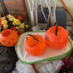 Three Large Plastic Pumpkin Baskets