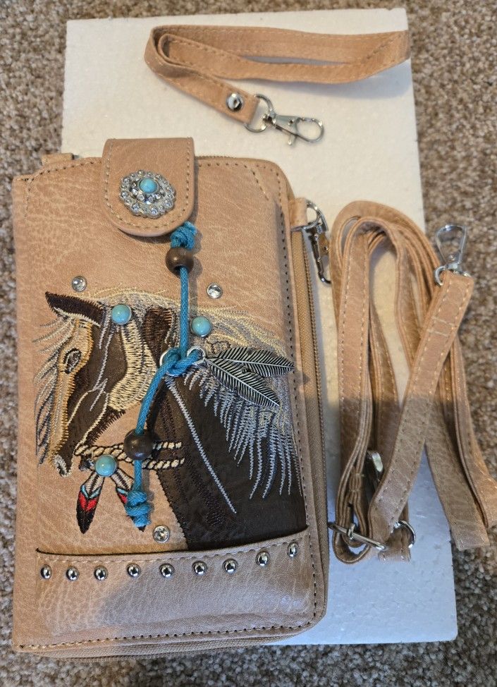 Tan Embroidered Horse Crossbody Western Phone Wallet