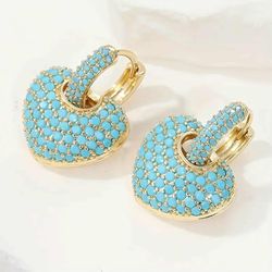 Exquisite Micro Pave 14K Gold Plated Turquoise Cubic Zirconia Heart Shaped Drop Earrings