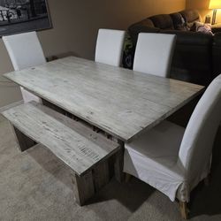 Live Edge, Heavy, Farmhouse Dining Table Set – Table, Bench & 4 Upholstered Chairs