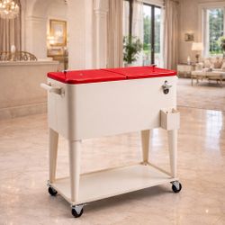 80 qt. Food & Beverage Hard-Side Patio Cooler Milky White Box and Red Lid