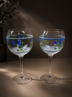Blue Floral Wine Glasses Hand-Painted Stemmed Pair
