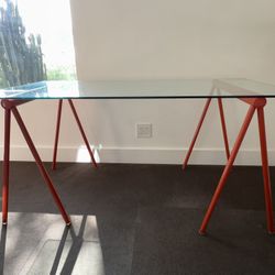 1970s Glass Top Sawhorse Style Desk 