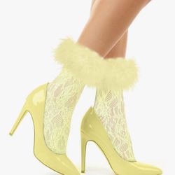 Light yellow Sox Women's Ruffle Fishnet Anklet Socks - Fake Feather Cuff Mesh Lace - 