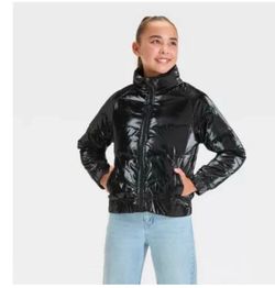 Art Class Shiny Puffer Jacket Girl’s LARGE 10-12 Black Wet Look full Zip