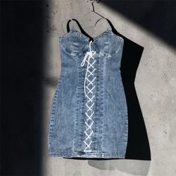 True Religion Blue Denim Lace-Up Corset Mini Dress