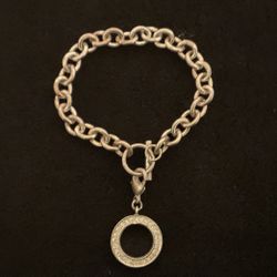 7” SilverTone Stainless Steel Link Bracelet With Open Circle Charm With Rhinestones.(clip On Or Off)