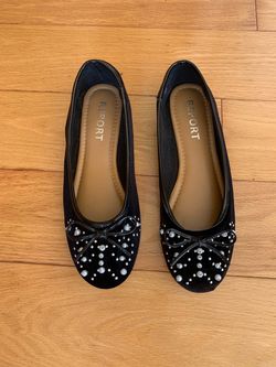 Black REPORT Flats-Pearl Studs-Size 7