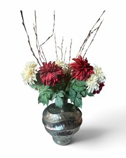 Pier 1 Hammered Metal Vase with Burgundy & Cream Floral Arrangement