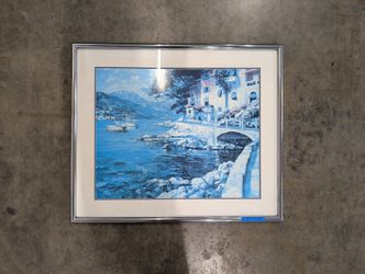Blue Toned Mediterranean Coastal Framed Art with Silver Frame