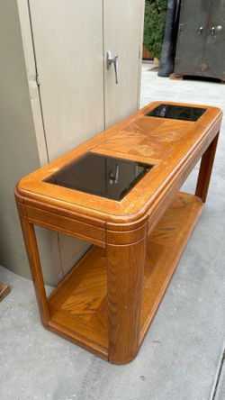 Solid oak console with 2 smoked glass inserts