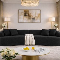 Sofa for Living Room, Modern Luxury Plush Chenille 4-Seater Extra Deep & Wide Seat Curved Cloud Couch with 4 Throw Pillows, No Assembly Needed, Black