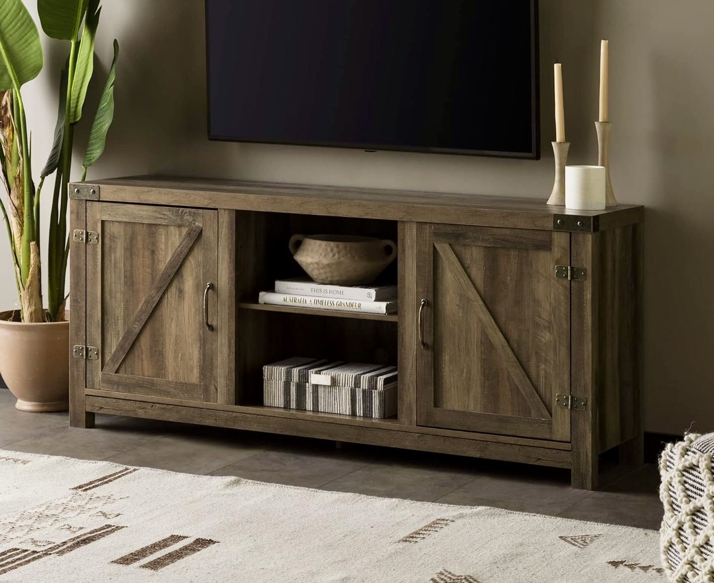 NEW Farmhouse Style TV Stand, Farmhouse Double Barn Door TV Stand, Rustic Oak !
