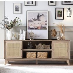 NEW - Rattan TV Console Table for 75 Inch TV, Mid Century Modern Long Entertainment Center with Storage Shelves, Large Boho Media Console TV Stand for