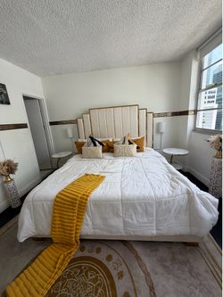 Modern King Bedroom Set – Upholstered Bed, Mattress & 2 Marble Nightstands