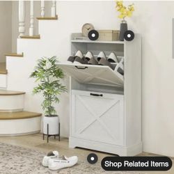 Slim Shoe Cabinet for Entryway, Farmhouse Hidden Shoe Storage Cabinet with 2 Flip Drawers and Adjustable Shelves