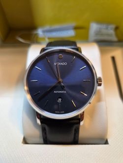 New Movado Signature Automatic Watch – Blue Dial with Cabochon Crown, Leather Strap (NIB w/ Papers)