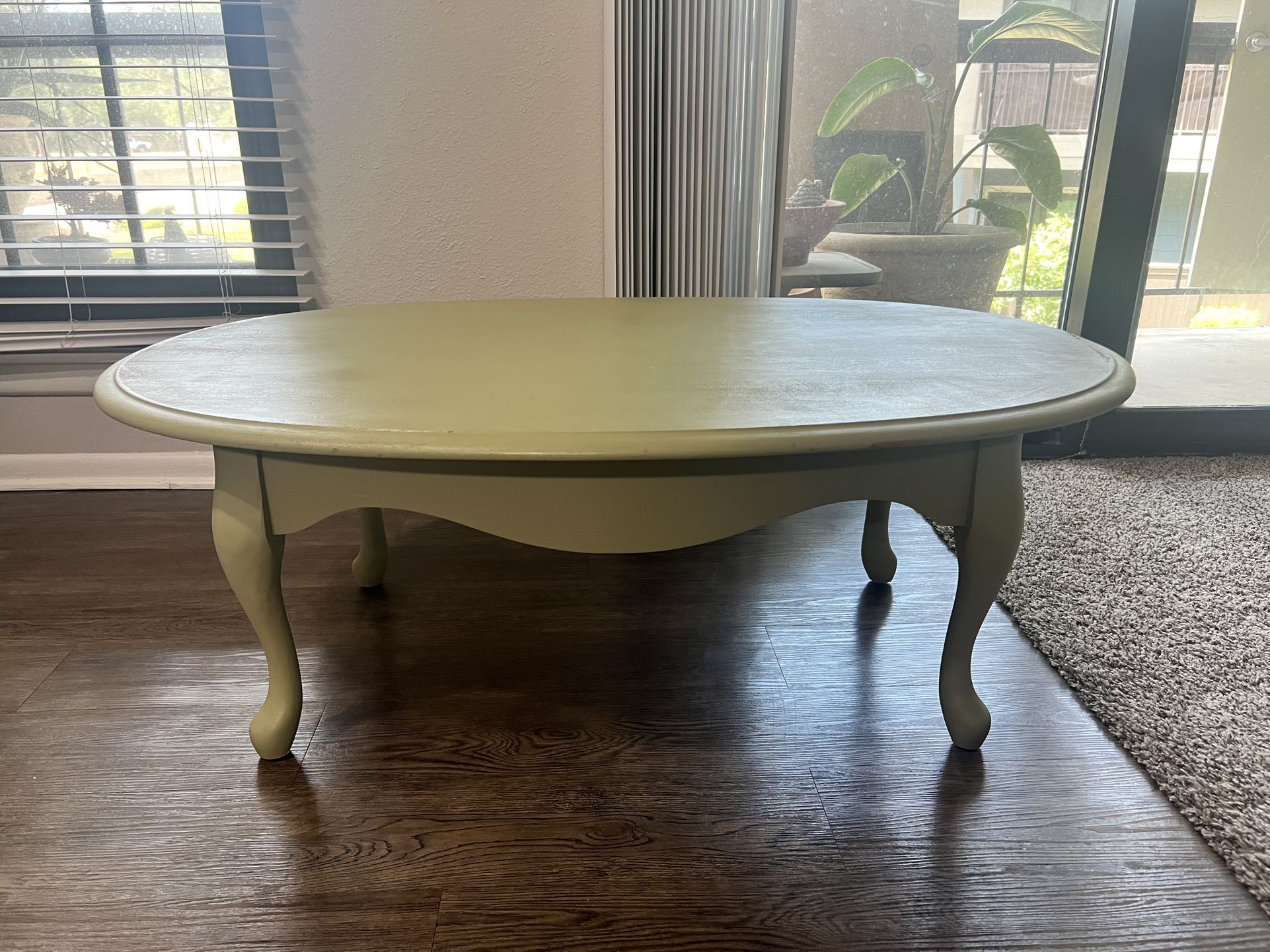 Vintage-Style Oval Coffee Table – 47” Wide (Chalk Green, Distressed Look)