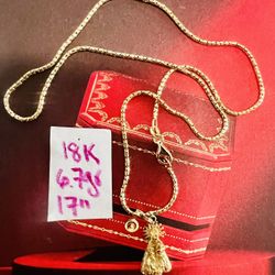 18K Solid Gold Chain and Pendant For Wedding 6.7Gr 17 Inches Long 