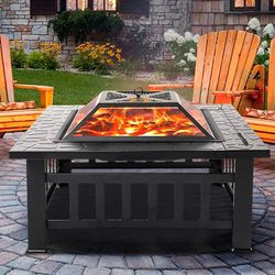  32in Outdoor Fire Pits Wood Burning Firepit Square Metal Fireplace Table Fire Bowl with Grill,Screen, Poker