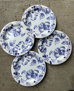 Set Of 4 Ceramica  Quadrifoglio blue Leaf And Fruit Plates- Made In Italy