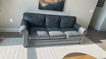 Dark Blue Leather Sofa with Nailhead Trim