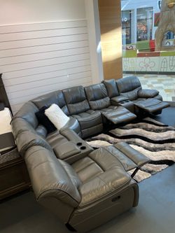 Memorial Day sale. Madrid gray leather reclining sectional only $1399. Easy finance option. Same-day delivery.