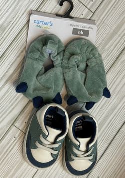 Carter’s Child Of Mine Newborn Colorblock Sneakers + Dinosaur Slippers Bundle
