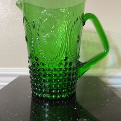 Vintage Green Pressed Glass Pitcher Hobnail Sun Medalllion  Smile Mark 7”T