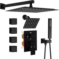 Enga Dual Shower Head System with Body Jets, 12"+ 6" Wall Mounted Dual Rain Shower Faucet with Valve Kit, Matte Black Wall 12"+6" Head Matte Black