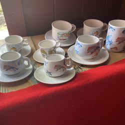 Set Of 7 Handmade In Greece Ceramic White Greek Pottery Cup/Plate Set & 1 Mug Imported From Greece (Read Description)