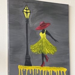 Original Modern Acrylic Painting – Woman in Yellow Dress Under Street Light