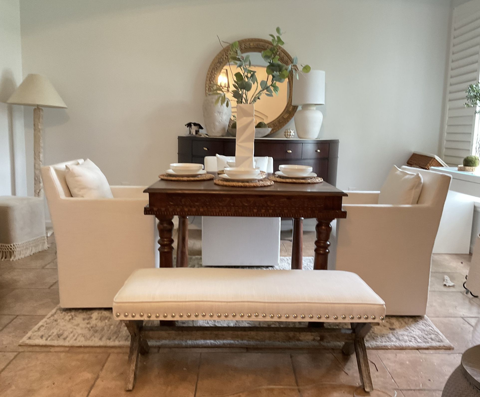 Hand Carved Dining Table & White Bench (No chairs)