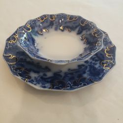 Vintage- Grindly Argyle Flow Blue with Gold Accent Dessert Set of 2 pieces-
bowl & plate 
