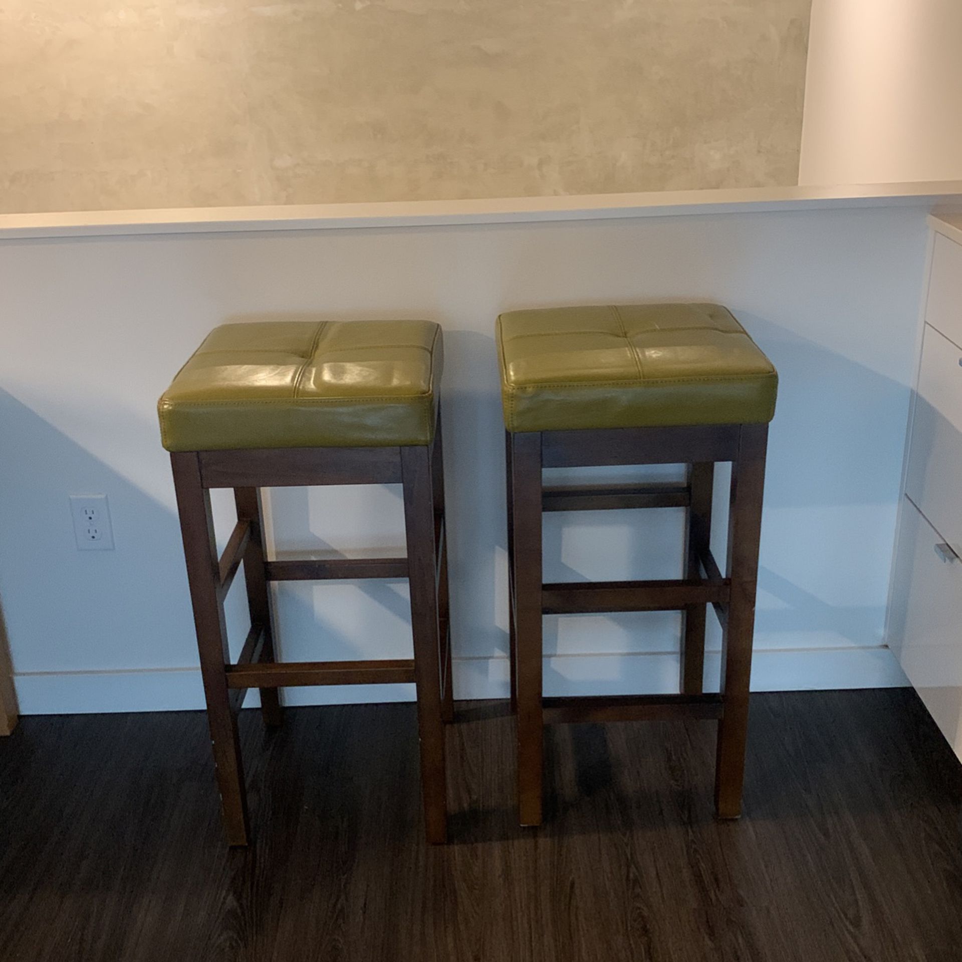 Two Green & Wood Barstools