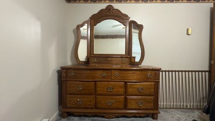 Vintage Athens Furniture Solid Oak Dresser with Removable Trifold Mirror