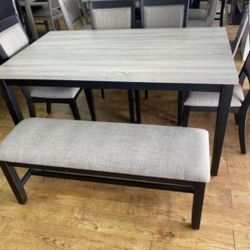 ✅️✅️6 pc bridget two tone wood dining table set padded seat chairs and bench ✅️✅️