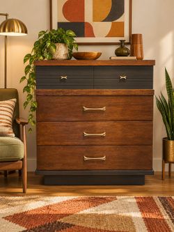 Mid-Century Modern Dresser – Walnut, Charcoal & Brass