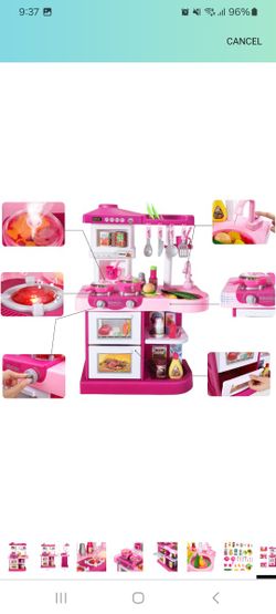 TEMI Play Kitchen Playset Pretend Food - 53 Pieces Pink Kitchen Toys for Toddlers, Toy Accessories Toddler Set with Sound and Light, Toddler Outdoor P