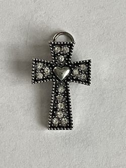 Cross Pendant With Heart Clear Crystals Silver Tone