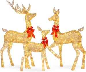 Products 3-Piece Large Lighted Christmas Deer Family Set 5Ft Outdoor Yard Decoration with 360 LED Lights, Stakes, Zip Ties - Gold