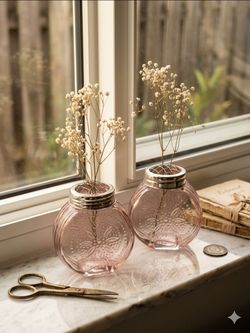 Pink Glass Bud Vases with Silver Tops – Set of 2