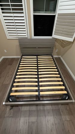 Gray Wood Bed Frame with Slatted Base