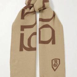 Burberry Natural Fringed Printed Merino Logo Wool Scarf