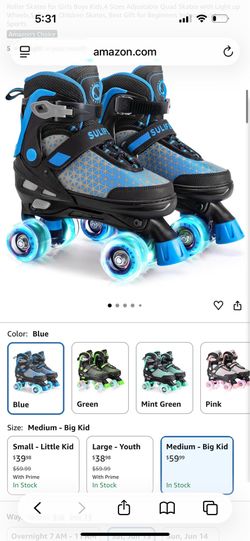 SULIFEEL  Roller Skates for Girls Boys Kids,4 Sizes Adjustable Quad Skates with Light up Wheels